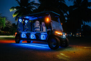Evolution D-Max GT6, electric golf cart, ambient lights on seat woofers, soundbar, grill emblem.