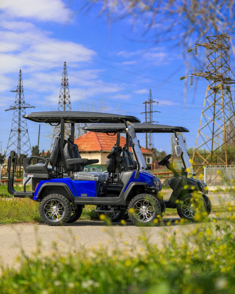 Evolution D5 Ranger 2+2 Plus, electric golf cart, PTV, LSV, portimao blue, black sapphire